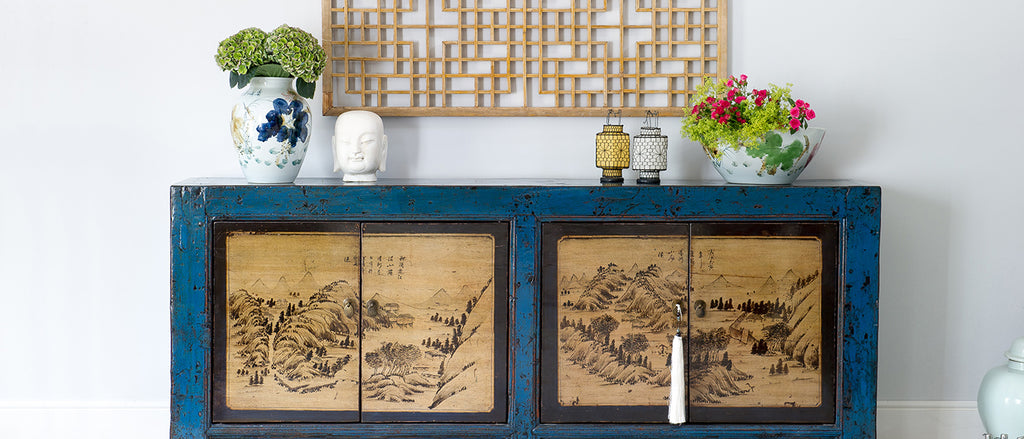 antique chinese large sideboard. top is hanpainted with blue paint, distressed and finished with high gloss lacquer. doors are decorated with hand painted Chinese landscape