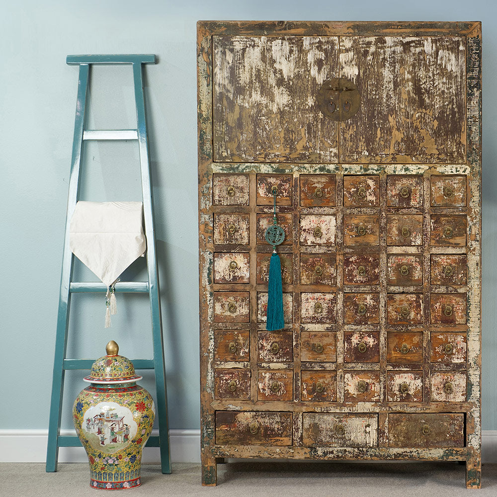 orchids antique distressed apothecary cabinet with teal silk tassel