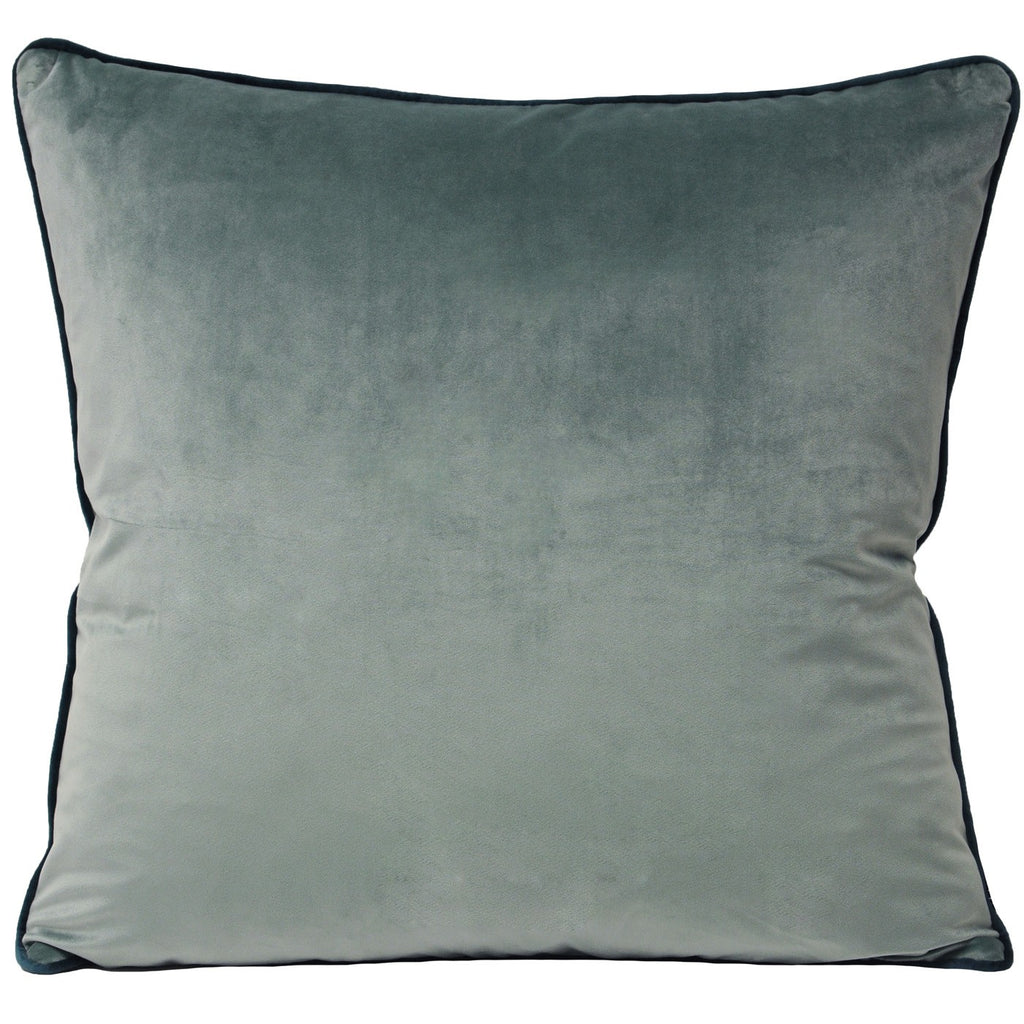 A square cushion with a grey-blue cover and teal piping. 