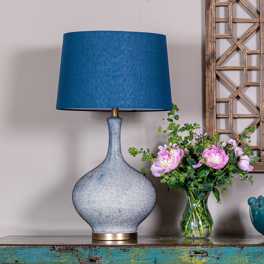large blue porcelain table lamp with shade