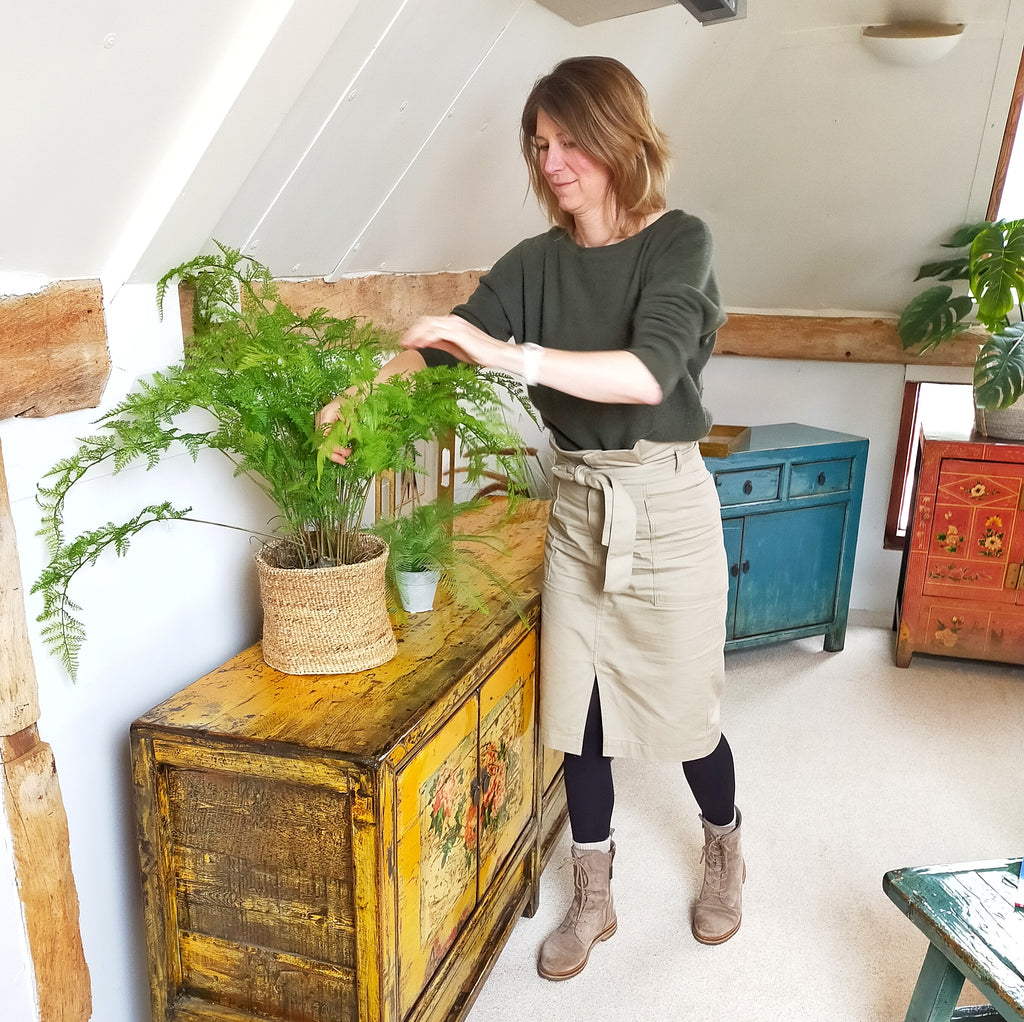 Mimmi Brink in Orchids Old Barn, Sandydown nr Stockbridge. Styling a distressed antique orange sideboard with faux fern plant