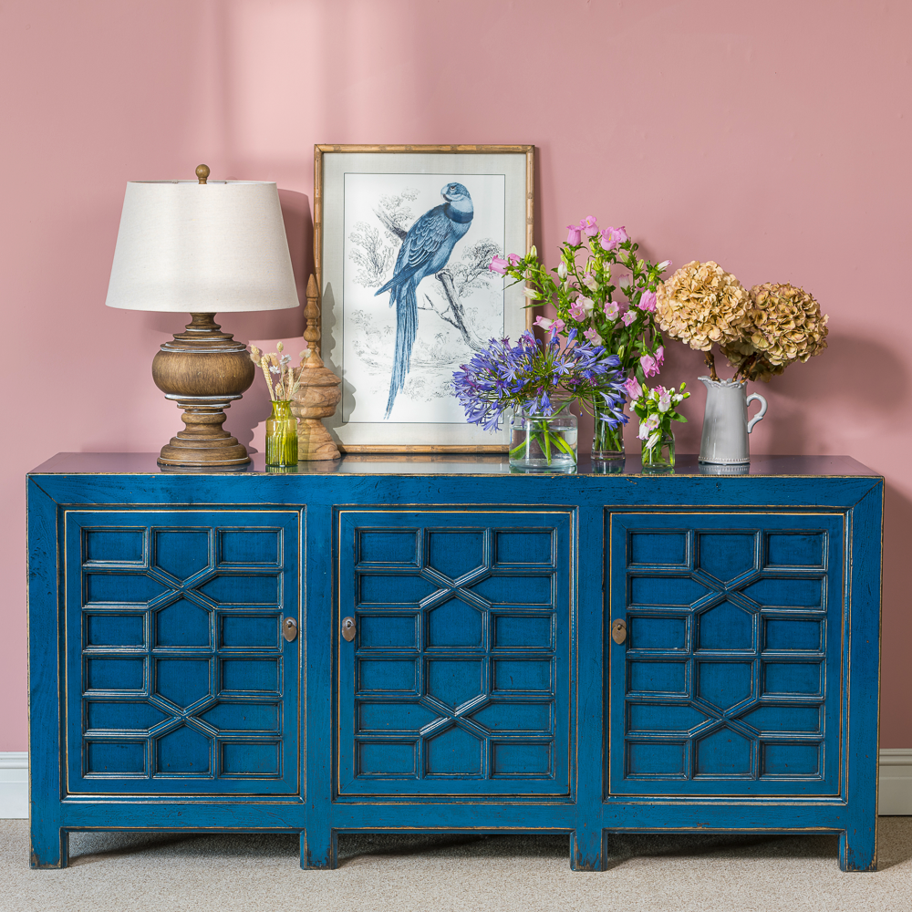 PAGODA Blue Oriental Fretwork Sideboard