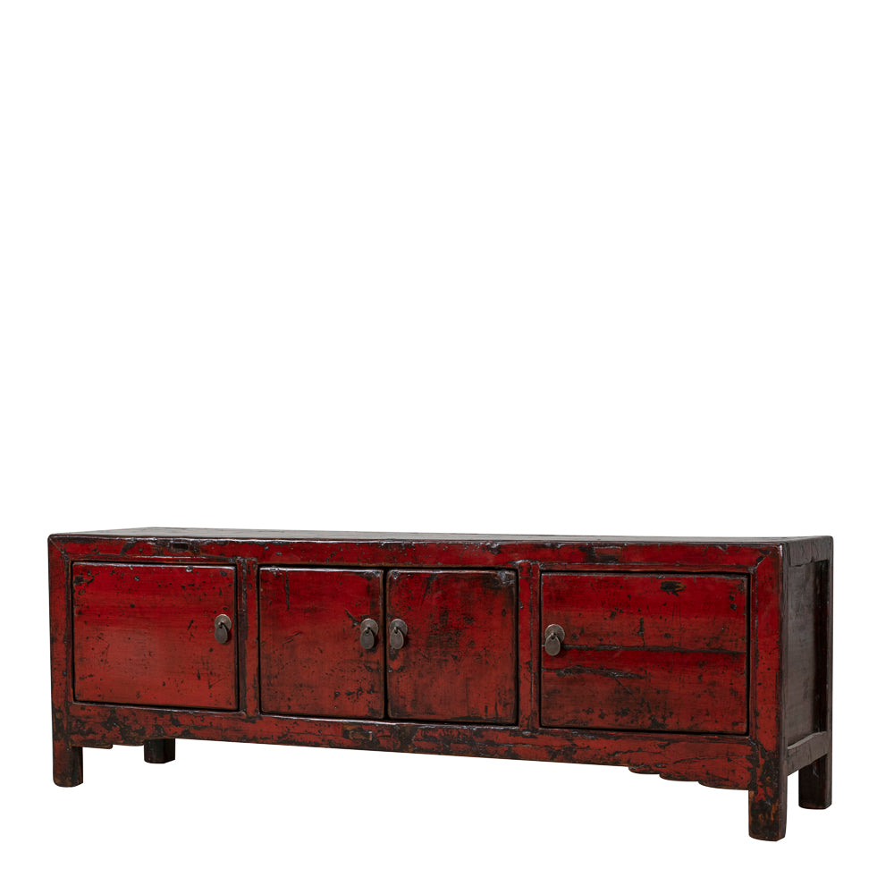 Angled view of YUZE antique red lacquer cabinet with aged brown wood top