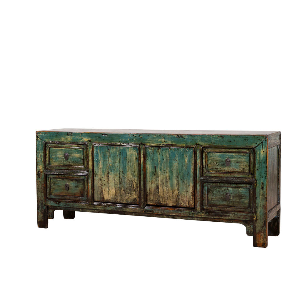 Vintage-style wooden sideboard with a distressed green finish on a white background
