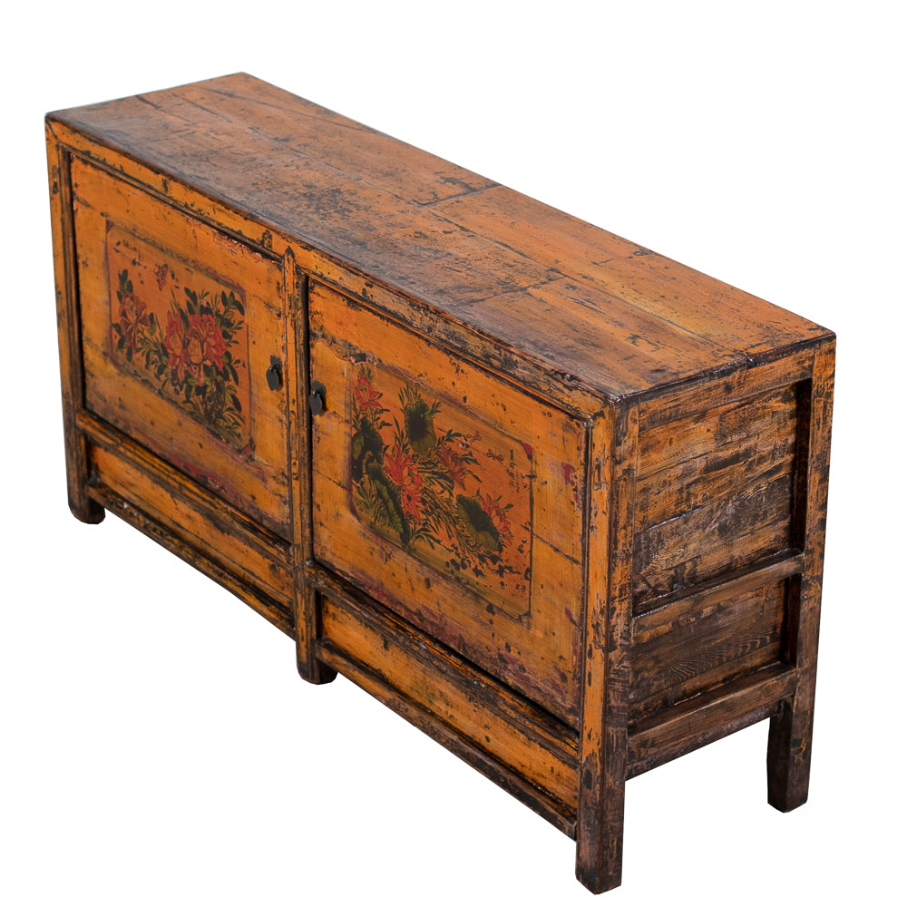 Angled view showing hand-painted detail and aged surface of the Chinese cabinet
