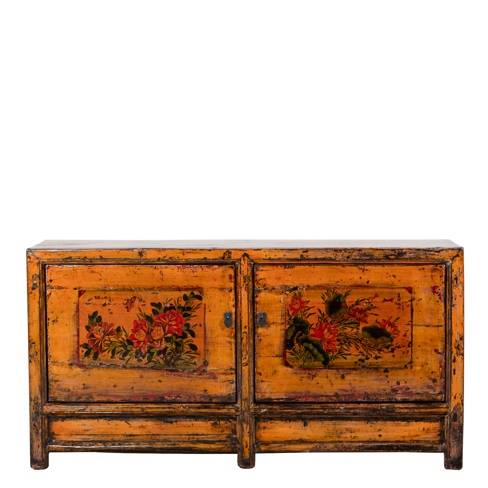 PINFU Antique Chinese Sideboard with saffron lacquer and floral paintings