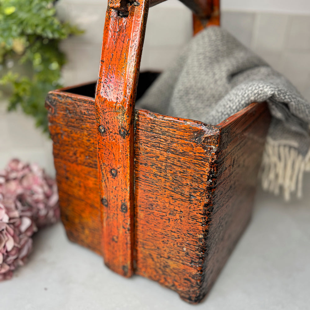 Orange Chinese Antique Rice Basket |Oriental Vintage Lacquered Wooden ...