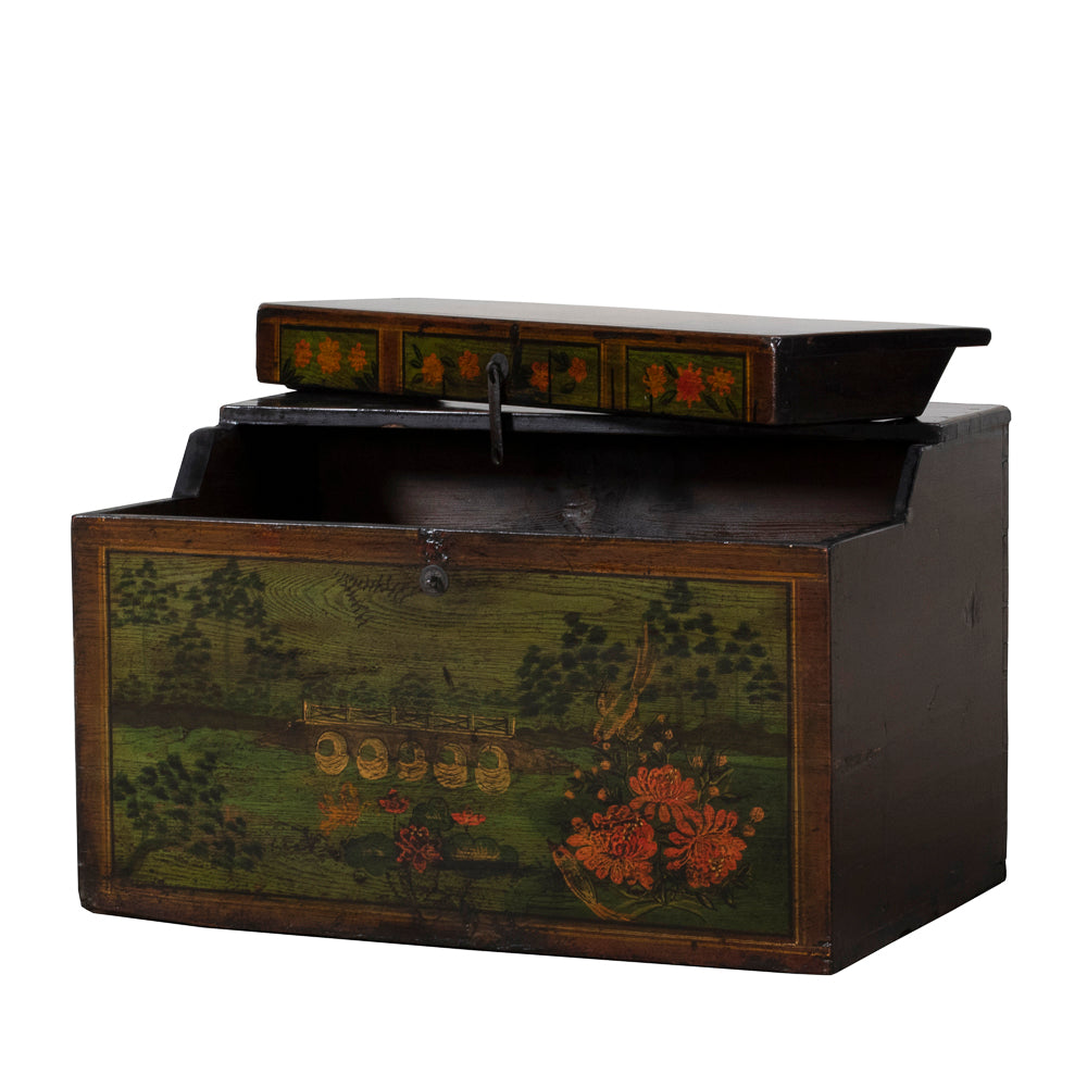 TIANZI Chinese trunk with half-lid open, revealing interior storage space; ideal for placing against a wall or bed for easy access.
