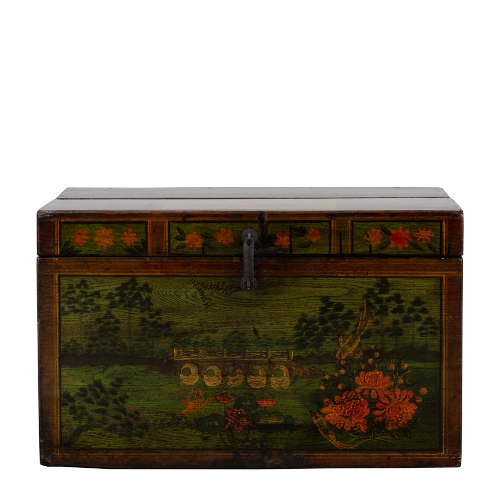 Front view of TIANZI Oriental Hand Painted Trunk featuring a green landscape scene with a bridge, trees, and floral motifs on a Chinese pine chest.