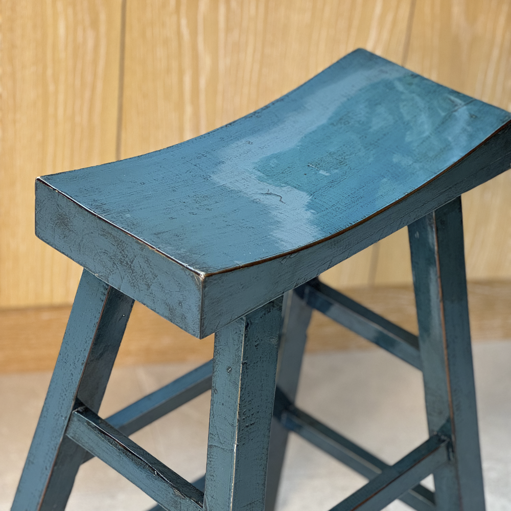 Tall Blue Lacquer Wooden Stool | Blue Breakfast Bar Stool Solid Wood ...