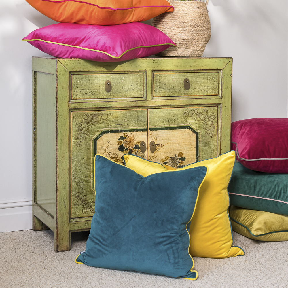 Teal with Yellow Piping Velvet Cushion Orchid - Main Image