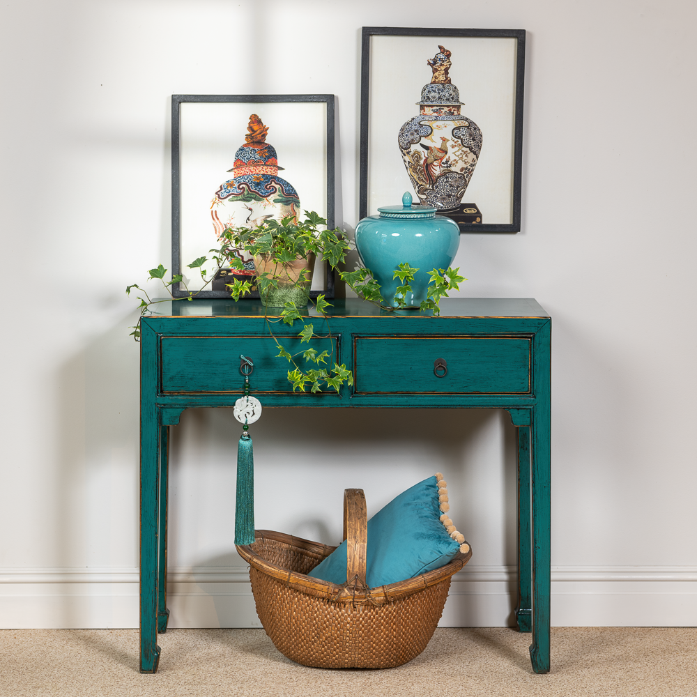 Vintage Chinese Blue Hall Table Oriental Home Desk FEN Orchid