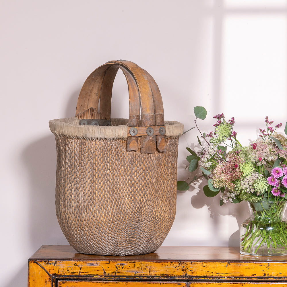 Chinese Antique Willow Rice Basket | Oriental Rice Carrier | YANG | Orchid