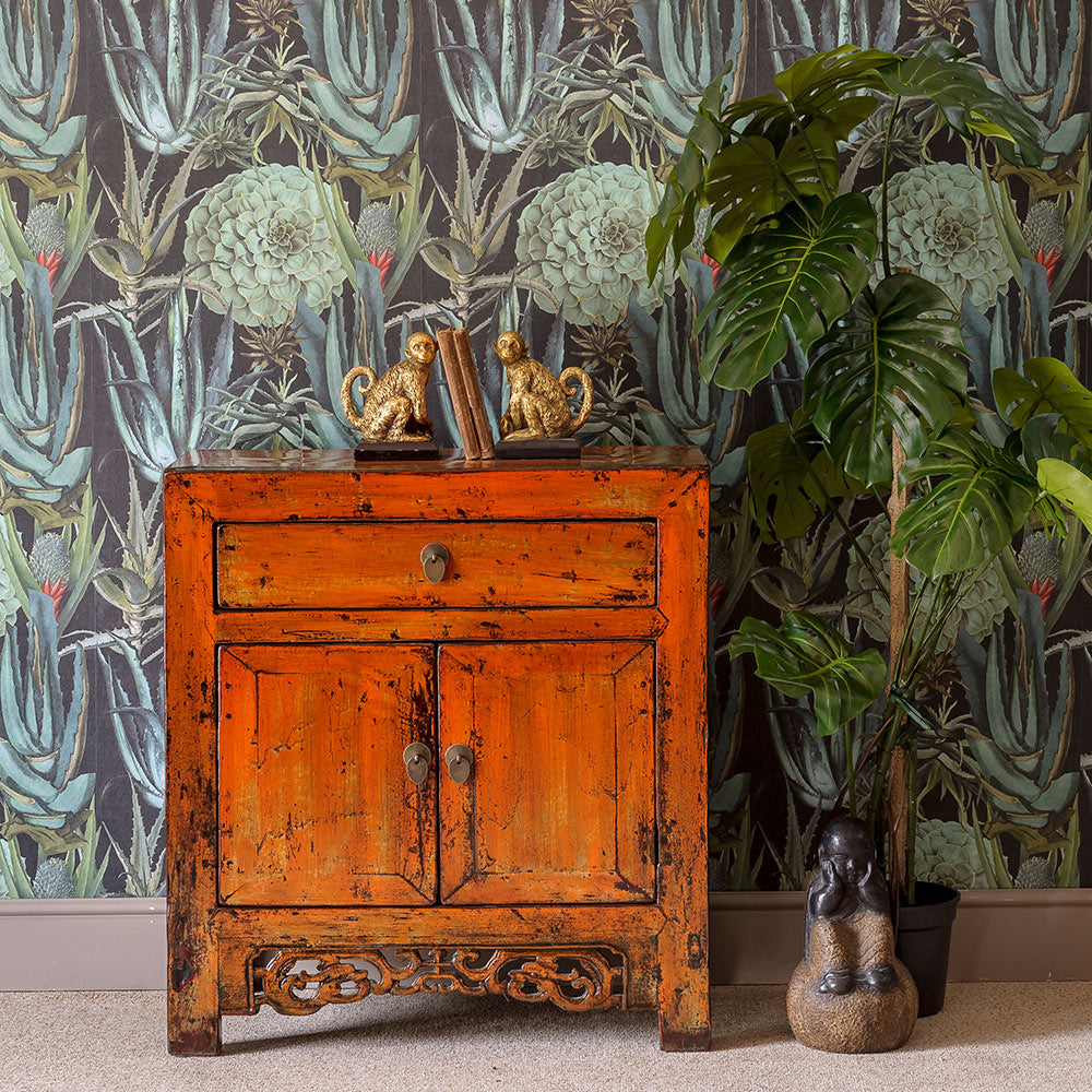 antique Chinese cabinet with one draw and double door cabinet and most beautiful hand carved border,, finished  with distressed orange high gloss lacquer
