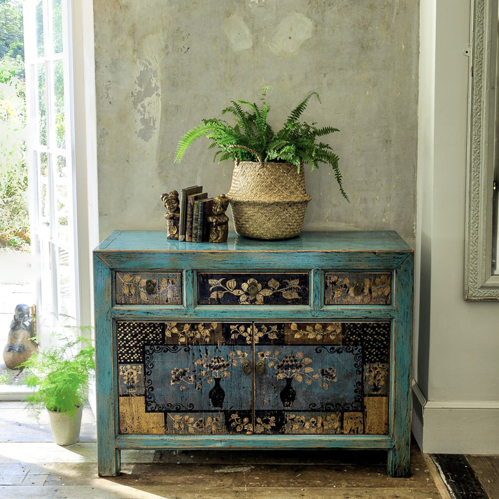 chinese harlequin cabinet with blue top and patchwork decorated three draws and doors 