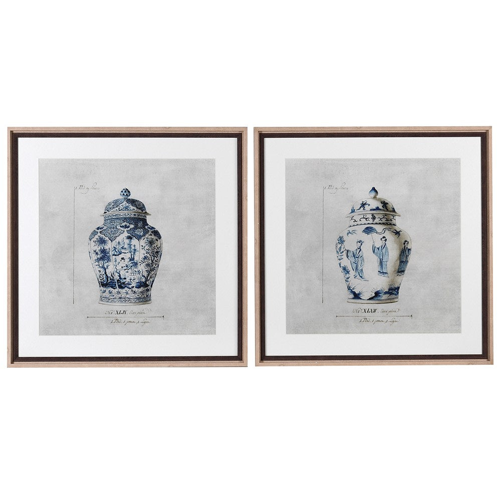 A pair of prints depicting traditional blue and white ginger jars. 