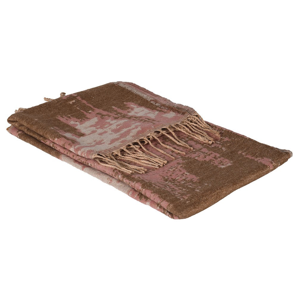 A patterned throw with tassels made up of brown, pink and cream shades. 