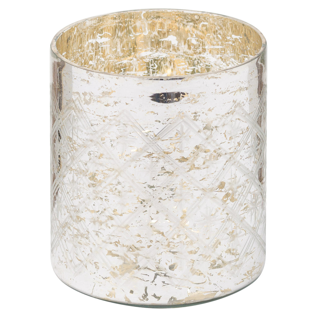 A candle holder in the shape of a pillar with a gold and silver distressed finish. 