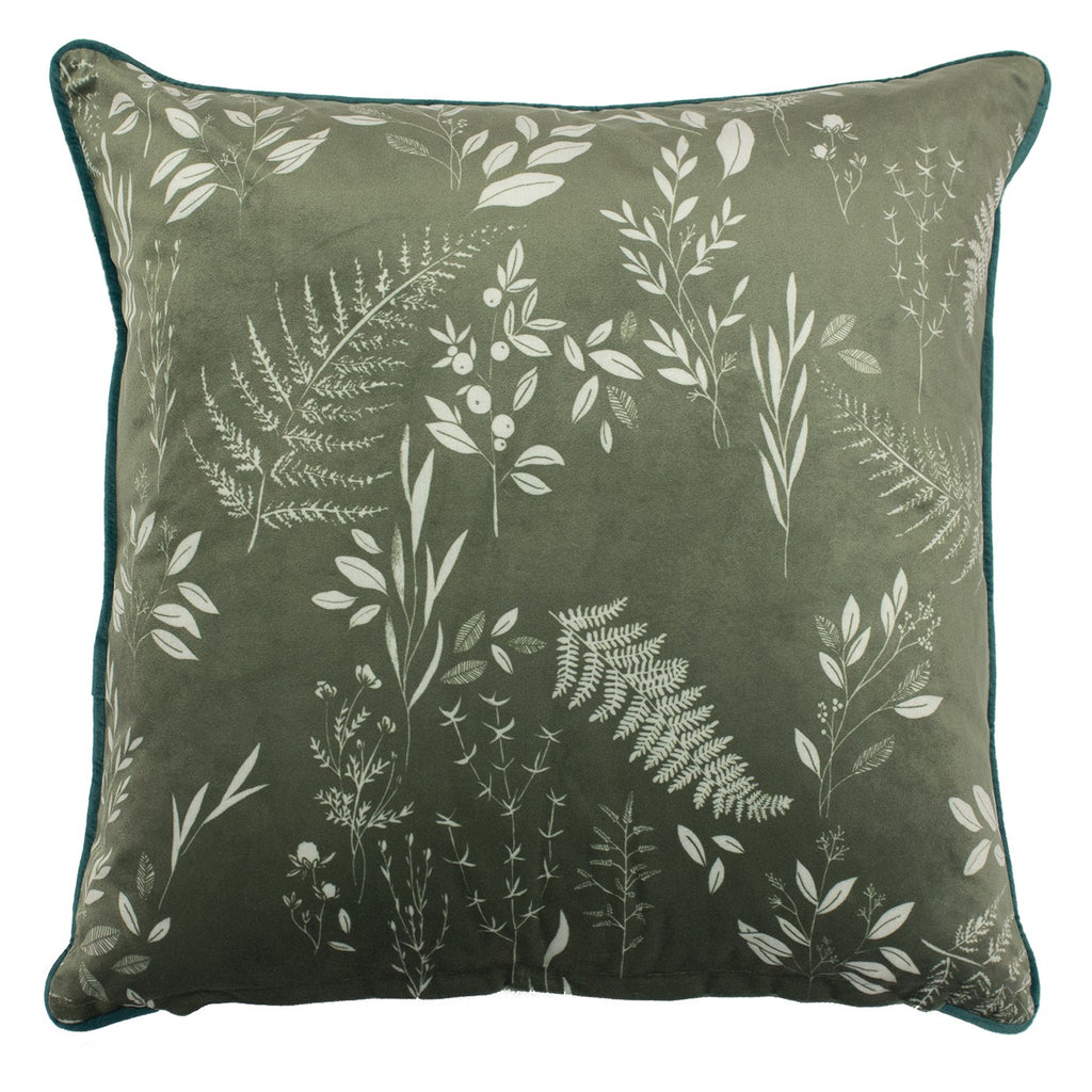  A large square cushion with a green velvet cover decorated in a botanical pattern.