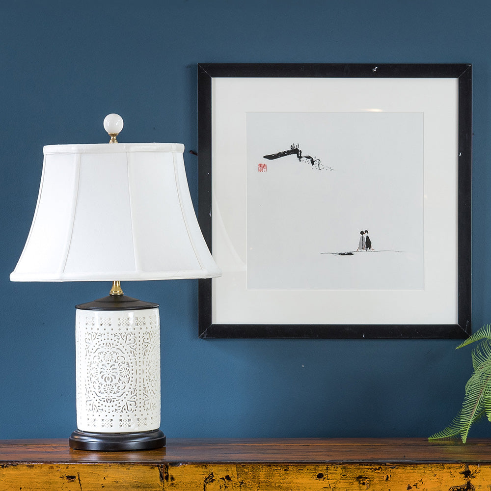 A traditional Chinese ink painting depicting the timelessness of love, encased in a hand-painted black frame. 