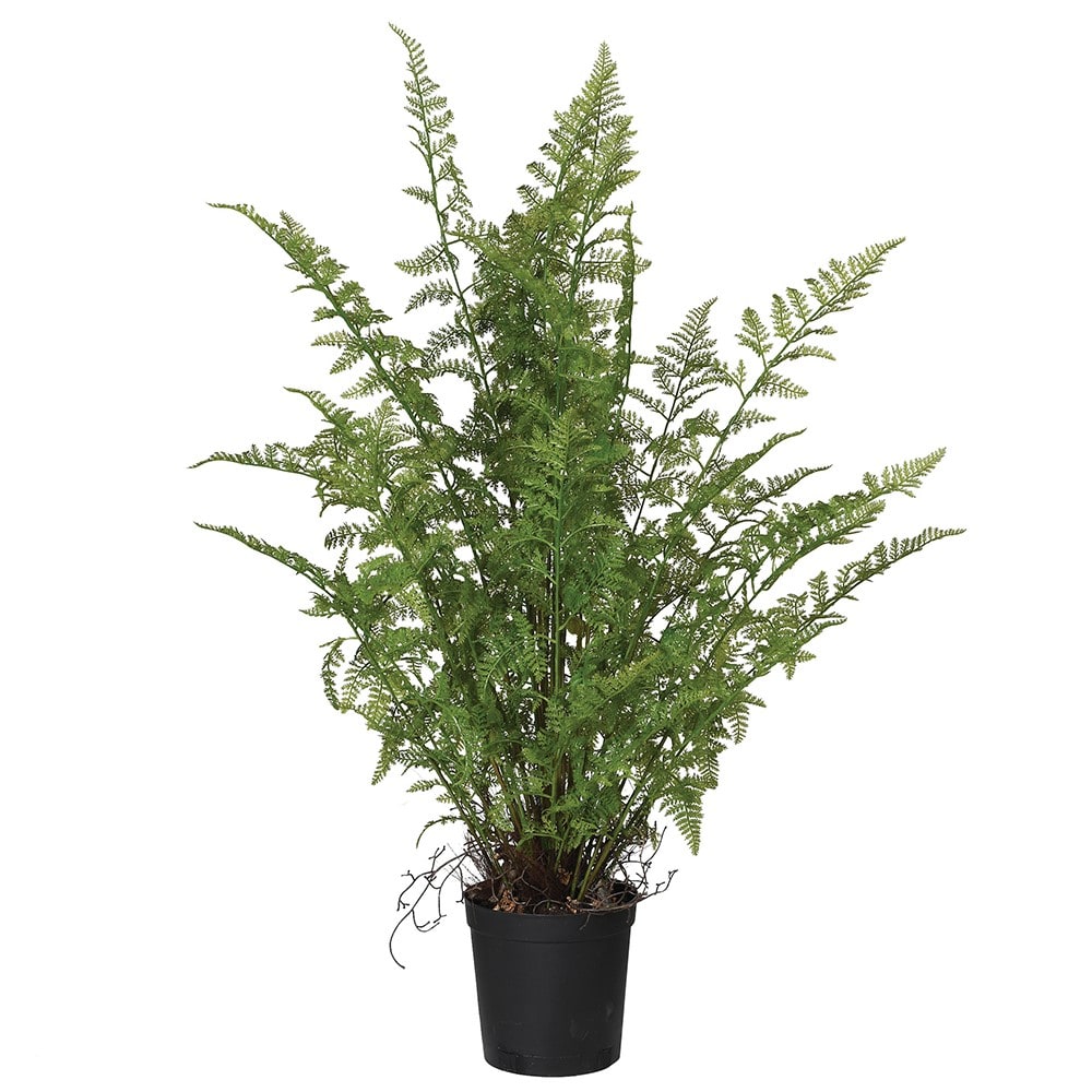 A faux potted green fern plant.