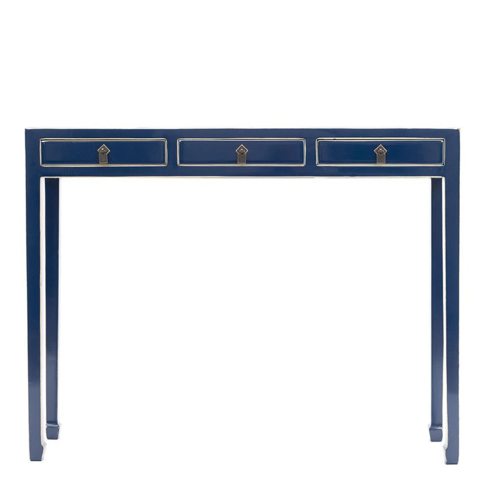 indigo blue three drawer slim console table