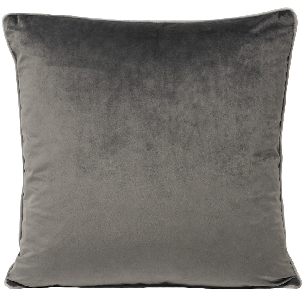 A large square cushion with a dark grey velvet cover and dove grey piping. 