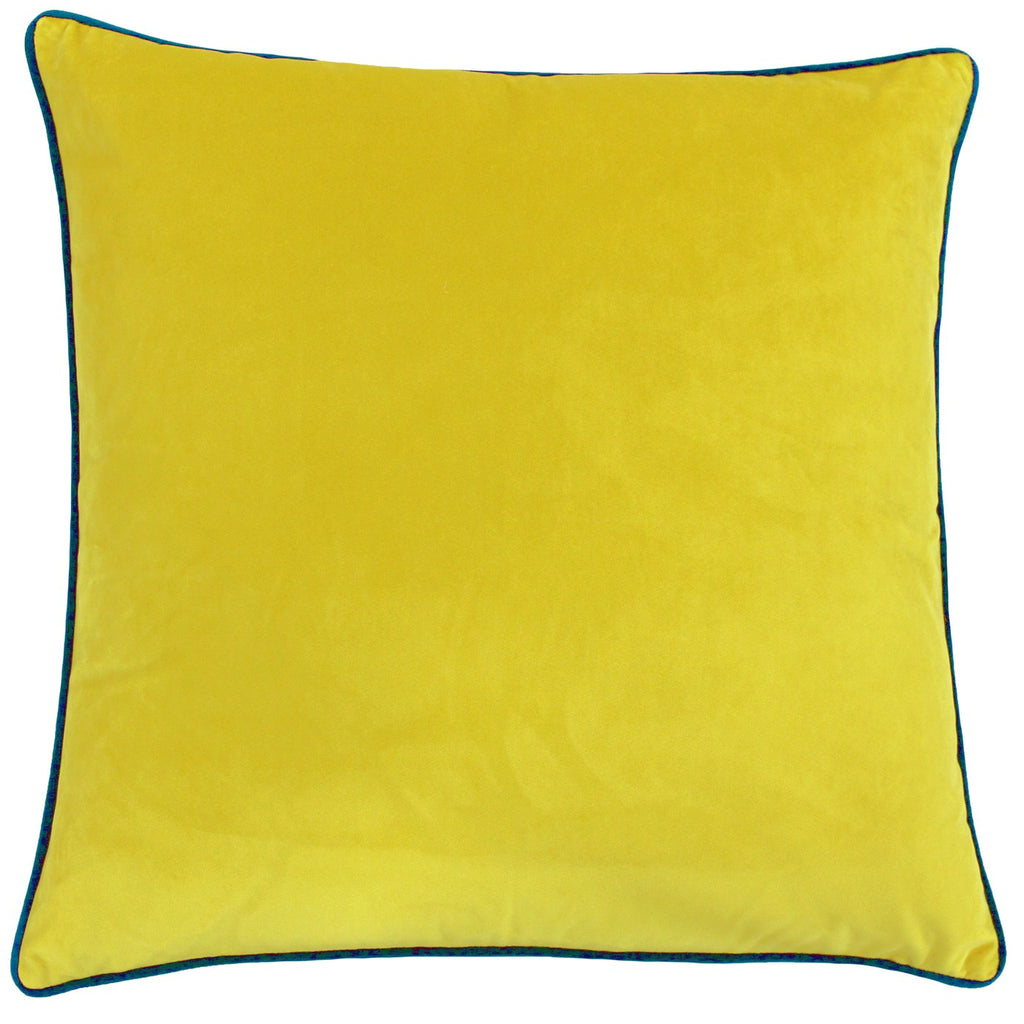 A bright yellow square cushion edged with teal velvet piping. 