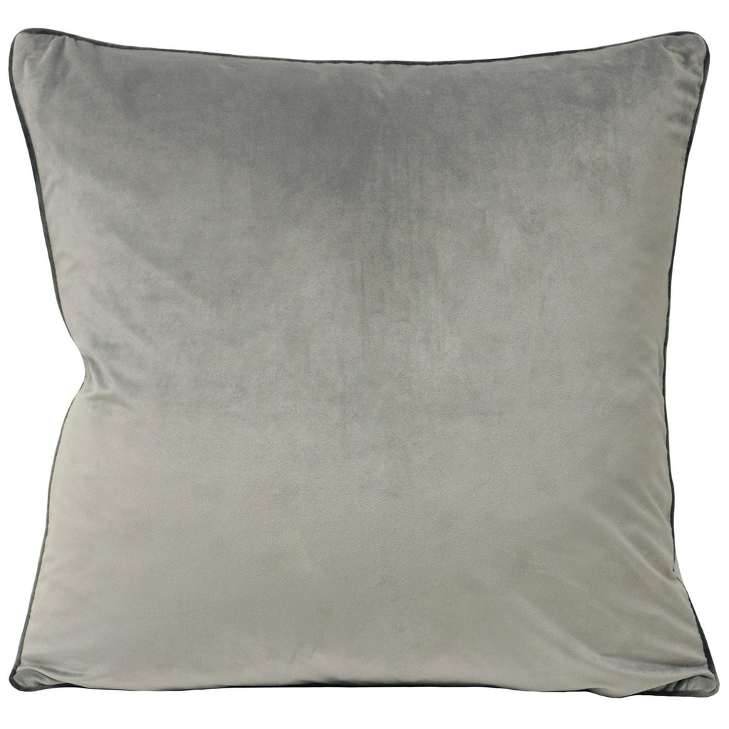A large square cushion with a light grey velvet cover, edged in a dark grey piping. 