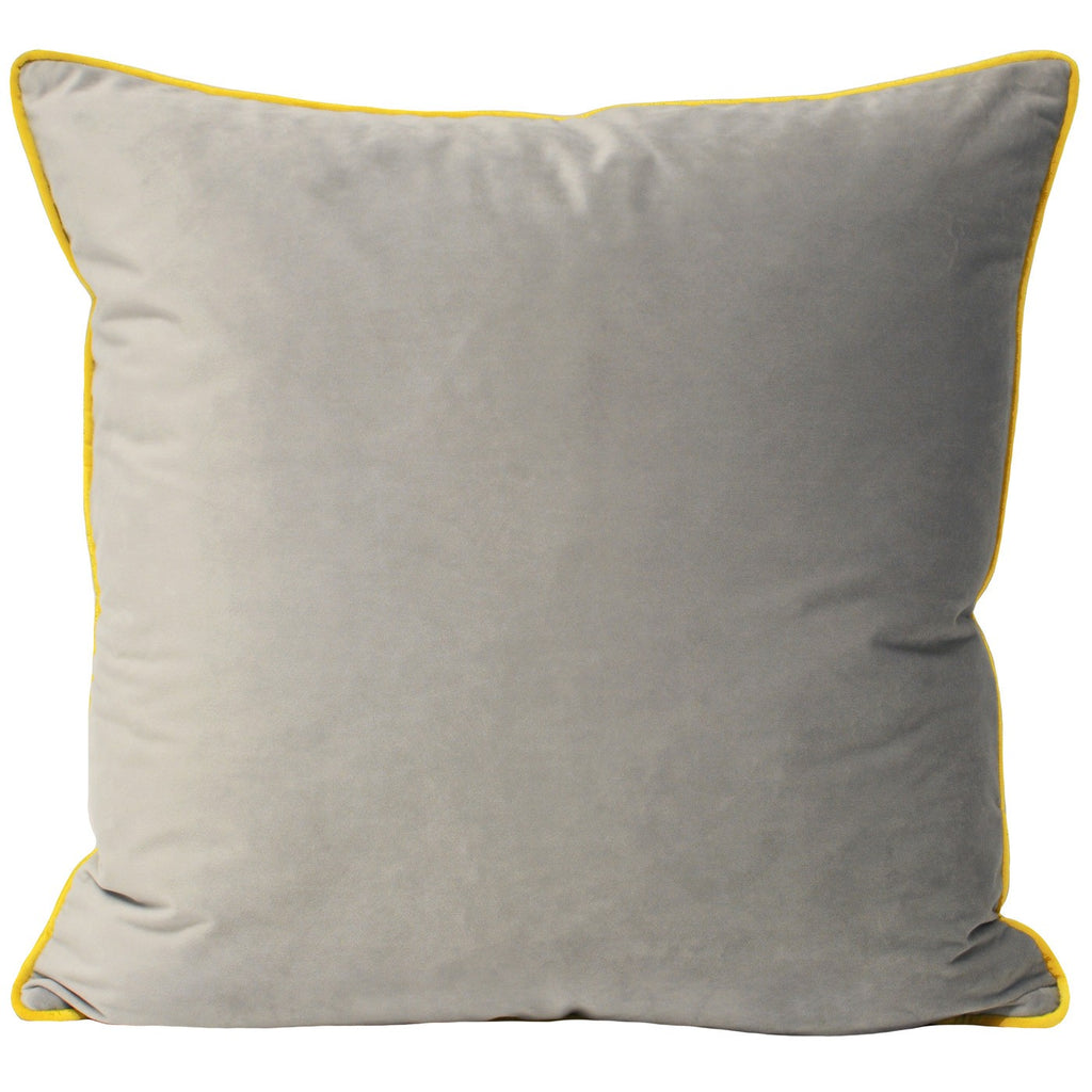 A large square cushion with a grey cover and yellow piping. 