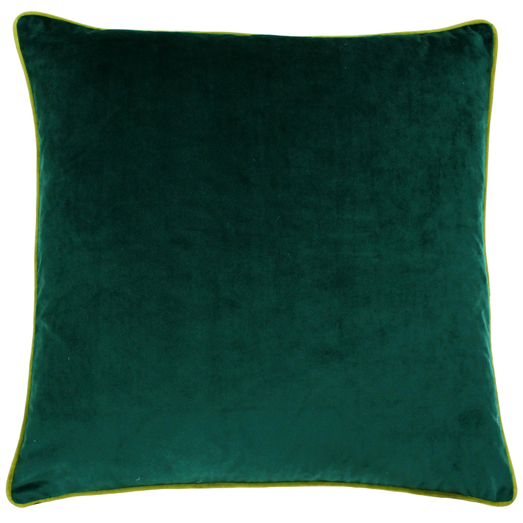 A large square cushion with an emerald green velvet cover with moss green piping. 