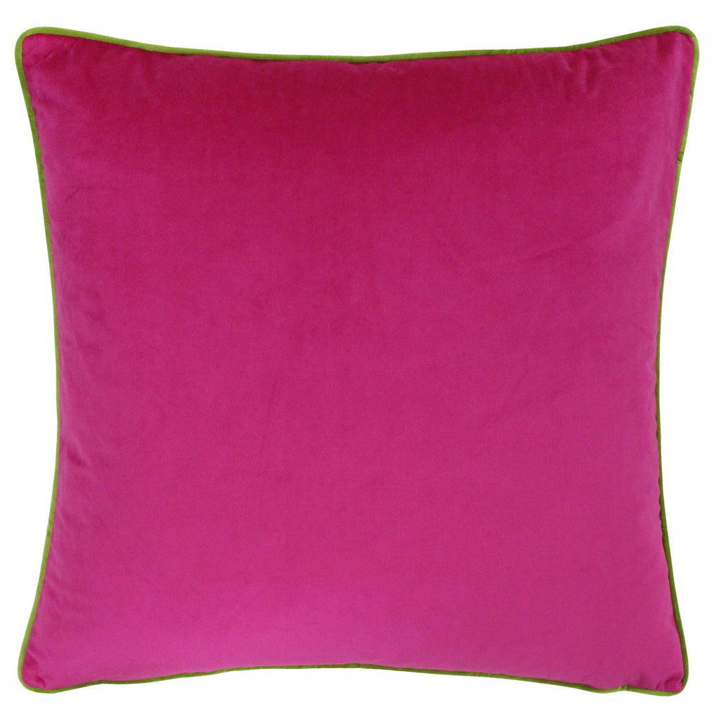 A large square cushion with a hot pink velvet cover with lime piping. 