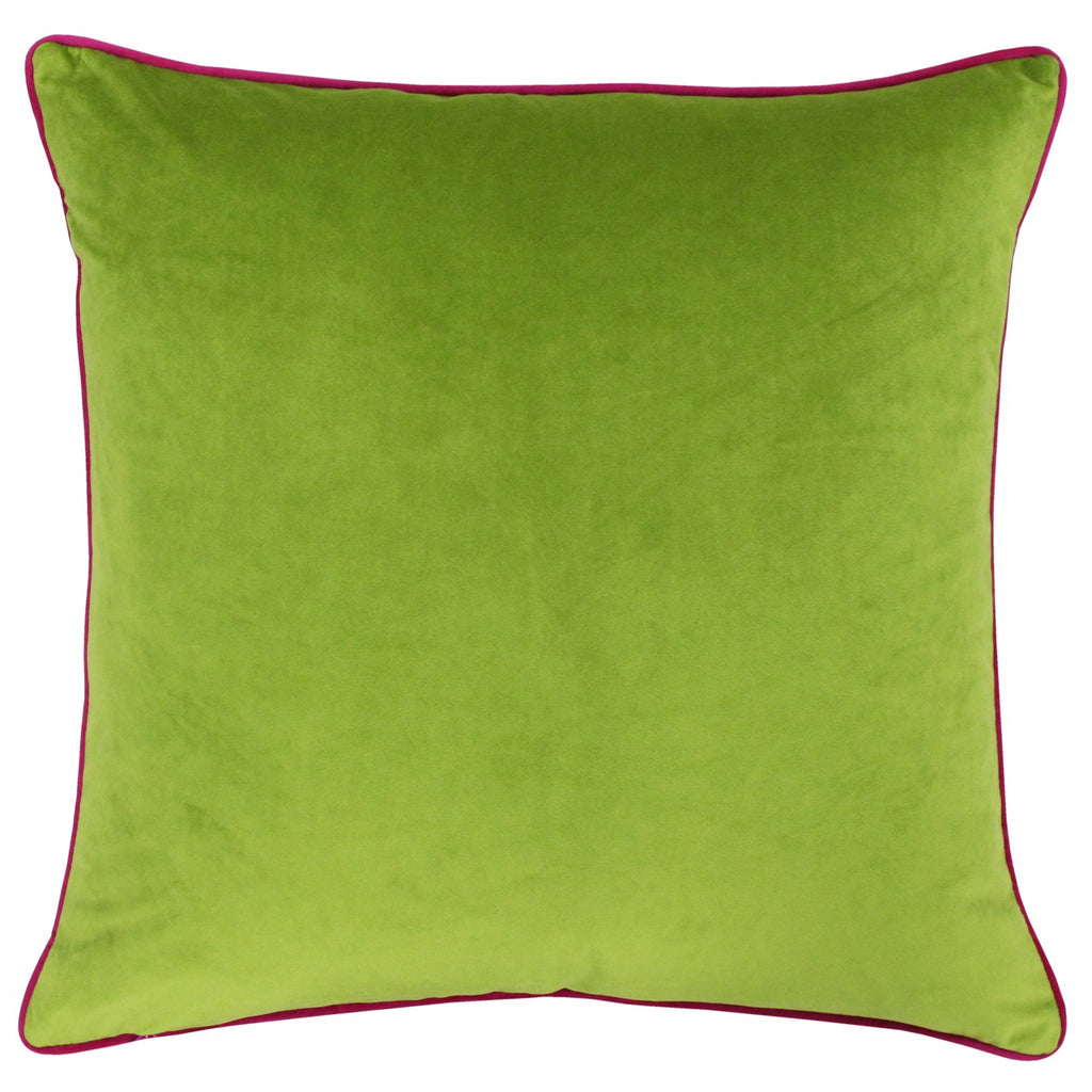 A large square cushion with a lime green cover edged with hot pink piping detail. 