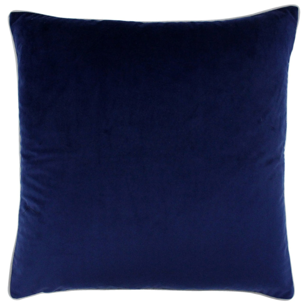A large square cushion with a navy blue velvet cover edged in grey piping. 