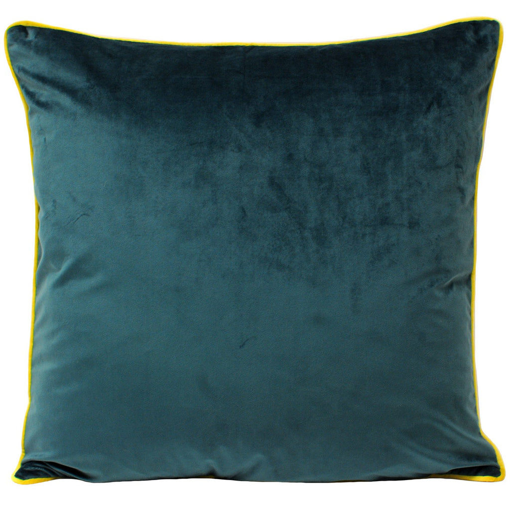 A large square cushion with a teal velvet cover and yellow piping. 