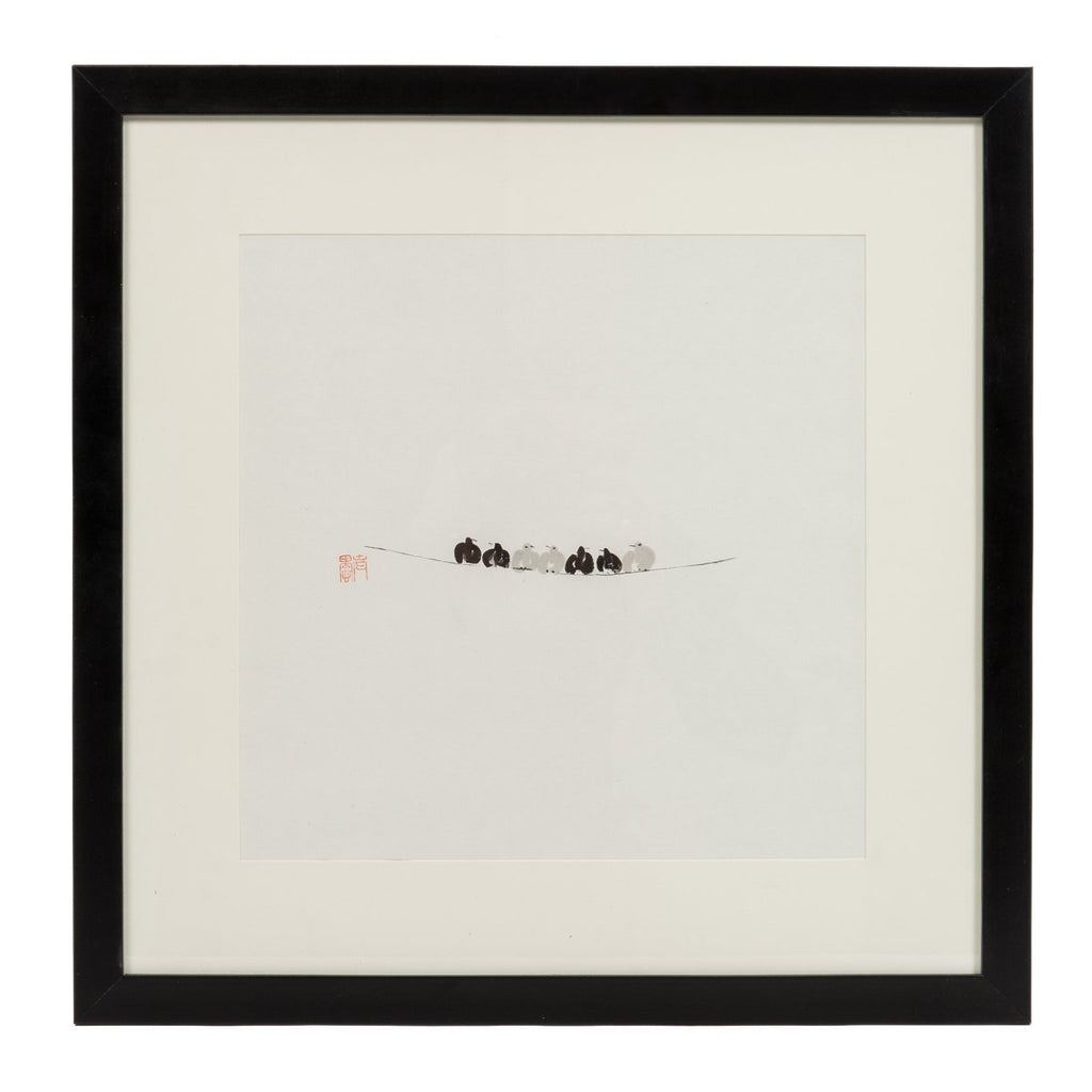 A traditional Chinese ink painting of black and grey doves on a wire. Mounted in a hand-painted black frame. 