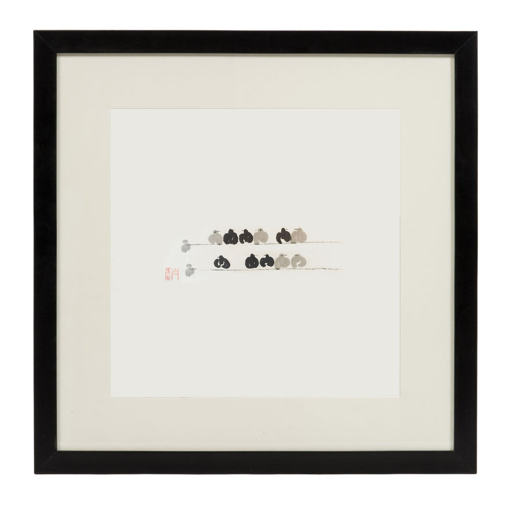 A Chinese ink painting of black and grey doves sitting on wire. Mounted in a hand-painted black frame. 