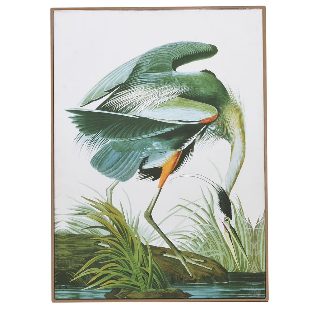 Vintage print on canvas of a crane bending its beak down to the water. 